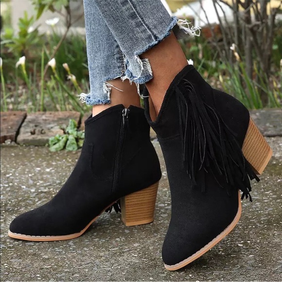 Bohemian Fringe Black Vegan Suede Ankle Boots - Picture 3 of 9